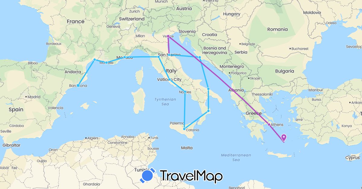 TravelMap itinerary: plane, train, boat in Spain, France, Greece, Croatia, Italy, Monaco, San Marino (Europe)